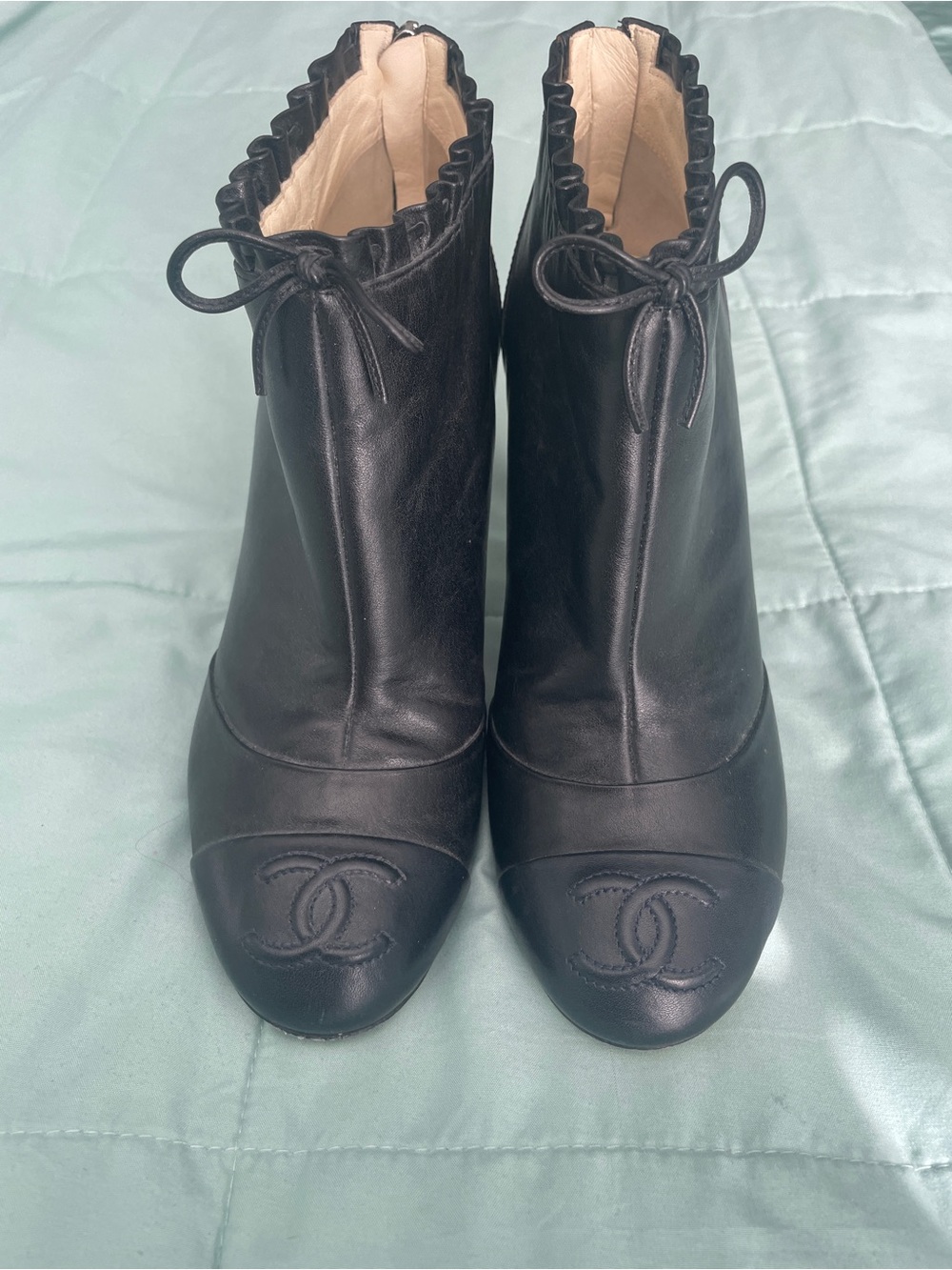 CHANEL Black Leather Ruffle-Trim Ankle Boots with Bow